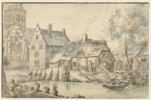 Stadsgezicht met een grote kerk