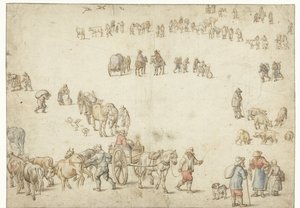 Studieblad met boerenwagens, vee, landlieden en ruiters