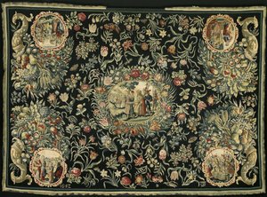 Tafelkleed met de geschiedenis van Jozef en een bloemenpatroon door Anonymous