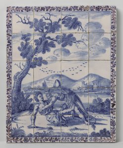 Tegeltableau met in blauw een landschap met mythologische voorstelling: Hercules en Achelous door Anonymous