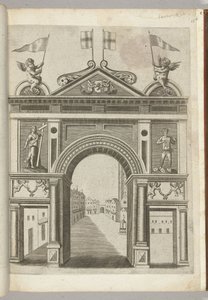 Triomfpoort met allegorische figuren en putti met de ketting van het orde van de Gulden Vlies, 1594