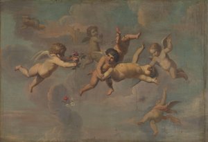 Tuimelende putti met bloemen door Anonymous