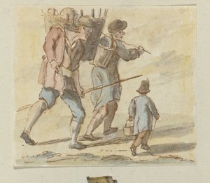 Twee lopende mannen met een mand op de rug en een kind met een mand in de hand door Anonymous