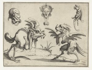 Twee monsters met daarboven drie maskers