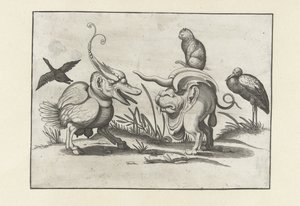 Twee monsters met kat, gans en ooievaar (Groteske figuren omgeven door een kaderlijn) (series title)