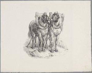 Twee opgetuigde paarden door Anonymous