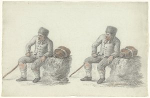 Twee studies van een zittende man langs de kant van de weg door Anonymous