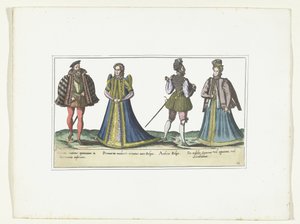 Twee vrouwen en twee mannen gekleed volgens de mode in Noord-Rijnland-Westfalen en Vlaanderen, ca. 1580