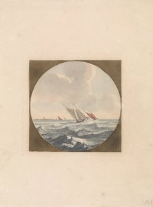 Twee zeilschepen op zee en een stad aan de kust Schepen op zee (serie B) (serie)