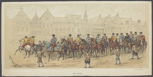 Utrechtse maskerade, plaat a: de adel, 1856 De Adel. De Grondleggers van Neêrlands Vrijheid, (tijd van Willem I) voorgesteld door H.H. leden van het Utrechtsche studenten-corps, ter viering van het 220jarig bestaan der Utrechtsche Hooge
