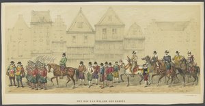Utrechtse maskerade, plaat d: het hof, 1856 Het Hof van Willem den Eerste De Grondleggers van Neêrlands Vrijheid, (tijd van Willem I) voorgesteld door H.H. leden van het Utrechtsche studenten-corps, ter viering van het 220jarig bestaan