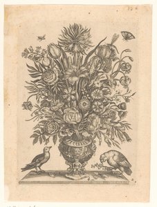 Vaas met bloemen en twee vogels