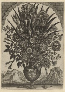 Vaas met bloemen in een boogvormig venster door Anonymous