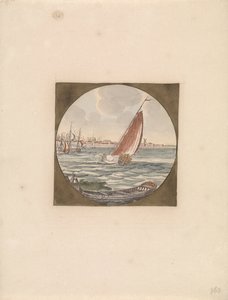 Varend zeilschip op zee en op de voorgrond een sloep door Anonymous