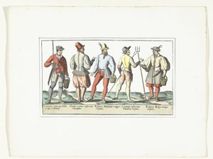 Vier boeren gekleed volgens de huidige mode en één naar de oude mode, ca. 1580 door Anonymous