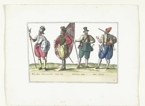 Vier militairen in uniformen volgens de mode in de Nederlanden en Engeland, ca. 1580 door Anonymous