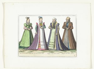 Vier vrouwen gekleed volgens de Duitse mode in Augsburg, ca. 1580