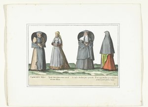 Vier vrouwen gekleed volgens de mode in Antwerpen, Brabant en 
