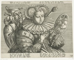 Vrouw met spiegel en nar: spotprent op de kostbare stijve plooikraag, ca. 1600 door Anonymous