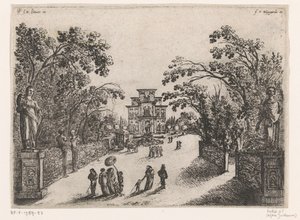 Wandelende mensen in een park, een landhuis in de achtergrond door Anonymous