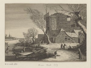 Wintergezicht op een bouwwerk aan een bevroren rivier door Anonymous