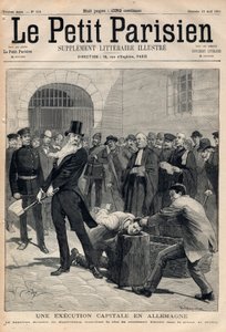 Een executie in Duitsland. Beul Friedrich Reindel uit Maagdenburg, die het hoofd van de veroordeelde Klausin afhakt in de gevangenis van Berlijn. Gravure in 