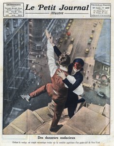 Een stel extreme dansers, evolueren op de rand van een wolkenkrabber in New York. Illustratie uit 