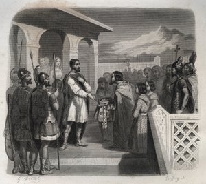 Een deputatie van de stad Clermont biedt het episcopaat aan Sint Sidoine Apollinar (Caius Sollius Apollinaris Sidonius) politicus, bisschop en Gallo-Romeinse schrijver (430-486). Gravure uit 1846 in 