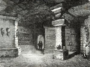 Een galerij van catacomben in Parijs in de 19e eeuw - Gravure - Privécollectie