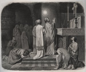 Een vuurbal verschijnt boven Sint Martinus, bisschop van Tours (316-397) terwijl hij werkt. Gravure uit 1846 in 