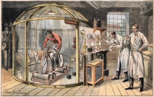 Een man in een bel: experiment over de uitgave van menselijke energie uitgevoerd door Engelse wetenschappers. Gravure uit de krant 