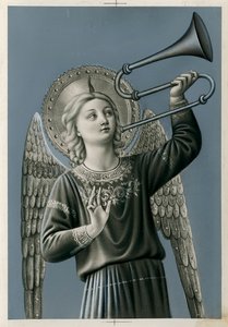 Een muzikale engel die trombone speelt (prent)