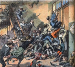 Een school verbrand in Cleveland (Verenigde Staten). Gravure uit de krant 