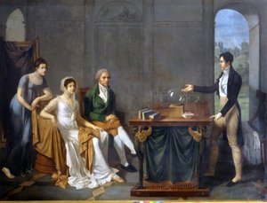 Een wetenschapper (waarschijnlijk Alessandro (Alexandre) Volta) die een wetenschappelijk experiment uitvoert voor de familie Melzi Deril. Anoniem schilderij.