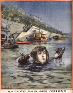 Een vrouw valt in de Seine en wordt gered door haar honden in Parijs. Gravure in "Le petit parisien" op 14/08/1910. Privécollectie.