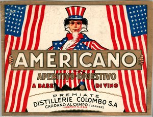 Advertentie voor Italiaanse short drink Americano, met allegorische personificatie van Amerika Uncle Sam