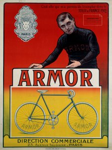 Reclameposter voor de fiets “Armor” met wielrenner Eugène Christophe (1885-1970), winnaar van 3 etappes en 2e in het algemeen klassement van de Tour de France van 1912: “Het is zij die mij liet triomferen in de Tour de France van 1912, sd 20e eeuw