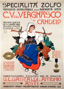 Reclameposter voor het fungicide gezeefd zwavel geproduceerd door het Italiaanse bedrijf Vergnasco Candelo door Anonymous Anonymous