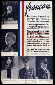 Reclameposter voor de verkoop van portretten van maarschalk Philippe Petain tijdens de Tweede Wereldoorlog en lofprijzing van Petain (verkocht ten behoeve van nationale hulp om armoede te bestrijden)
