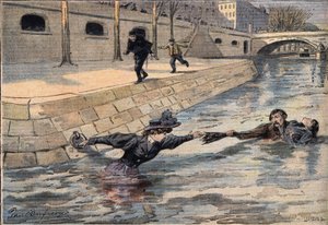 Een ingenieuze redding: nabij de brug van de Heilige Vader, een vrouw die in de Seine is gevallen wordt gered door een man die een andere vrouw hielp. Gravure uit de krant 