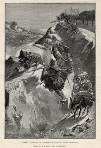 Andjera-bergopstand in Marokko: hinderlaag van Angherristen die wachten op Sheriffiaanse troepen. Gravure in 