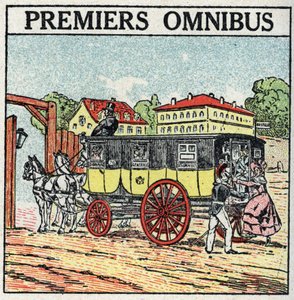 Dierlijke tractie: eerste omnibus verscheen in Frankrijk onder Karel X (1824-1830). Anonieme illustratie uit 1925. Privécollectie. door Anonymous Anonymous