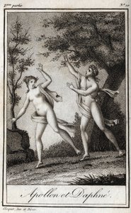 Apollo en Daphne. De nimf Daphne verandert in een laurier om aan Apollo te ontsnappen. Gravure uit 1819 in "Lettres à Emilie sur la mythologie" door Charles Albert Demoustier (1760-1801). Privécollectie. door Anonymous Anonymous