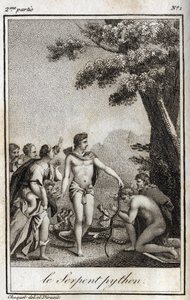 Apollo en de Python-slang op de berg Parnassus. Gravure uit 1819 in 