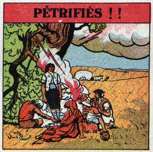 Atmosferische elektriciteit: mannen geëlektrocuteerd door bliksem blijven versteend. Anonieme illustratie uit 1925. Privécollectie.