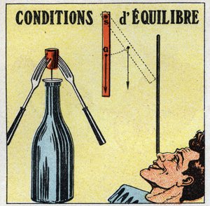Balans van vaste stoffen: evenwichtsvoorwaarden. Ervaring met een fles, een stop en twee vorken. Anonieme illustratie uit 1925. Privécollectie. door Anonymous Anonymous