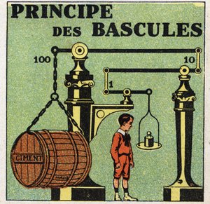 Balans van vaste stoffen: principe van weegschalen. Anonieme illustratie uit 1925. Privécollectie.