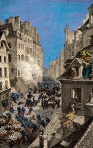 Slag bij de barricade van de Rue Saint Antoine in 1830. Gravure. Privécollectie door Anonymous Anonymous