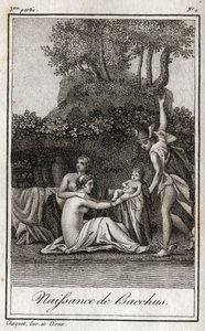Geboorte van Bacchus, zoon van Jupiter en Semele. Gravure uit 1819 in 