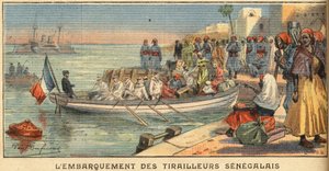 Inscheping van Senegalese ruiters met hun vrouw. Gravure uit de krant "Le Petite Parisien", op 22/03/1908. Privécollectie. door Anonymous Anonymous